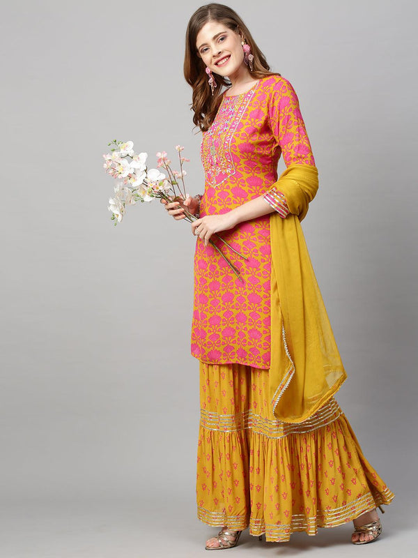 Floral Printed & Embroidered Kurta with Sharara and Dupatta - Mustard - Indiakreations