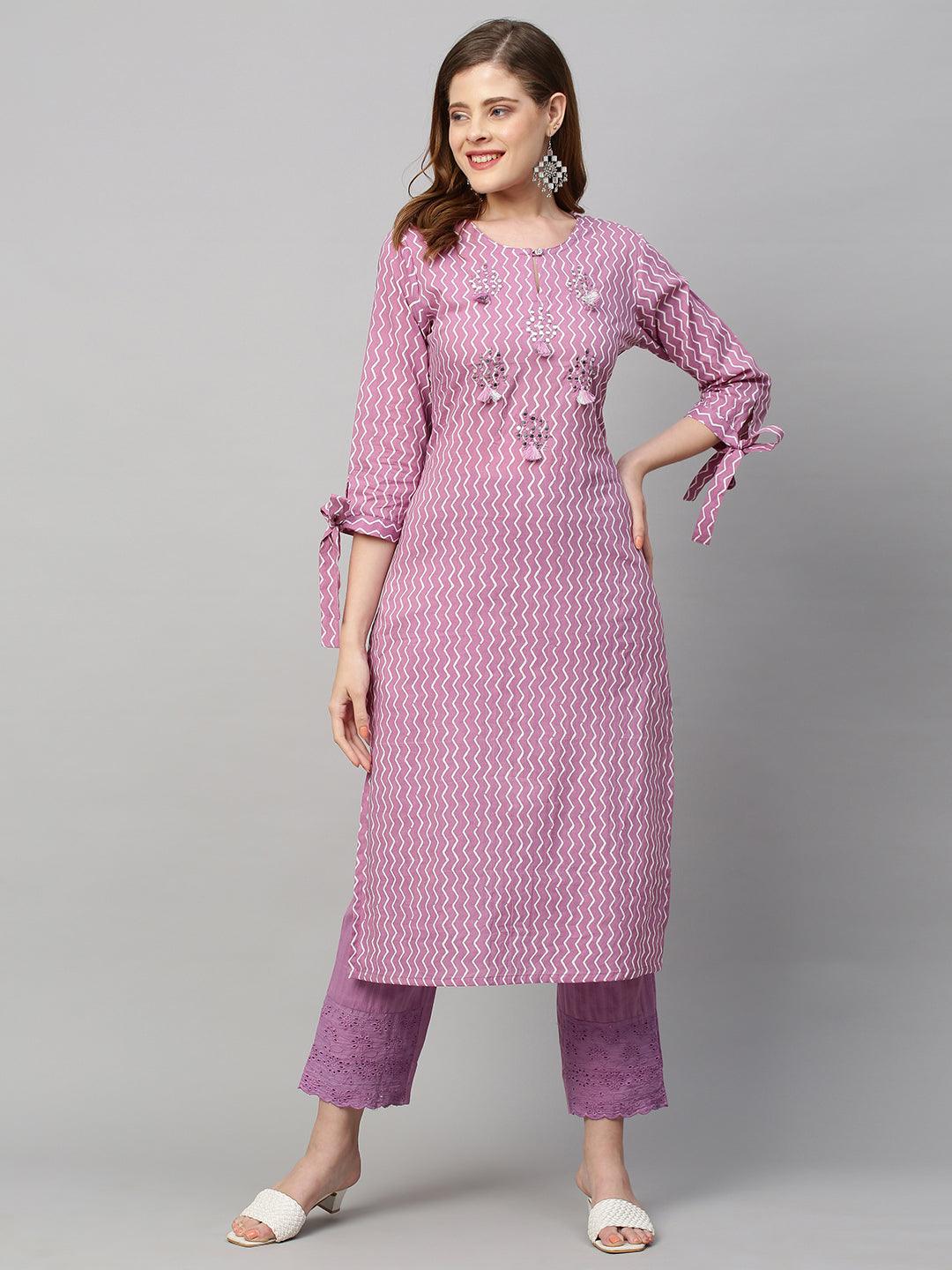 Ethnic Printed & Embroidered Straight Fit Kurta with Pants - Purple - Indiakreations