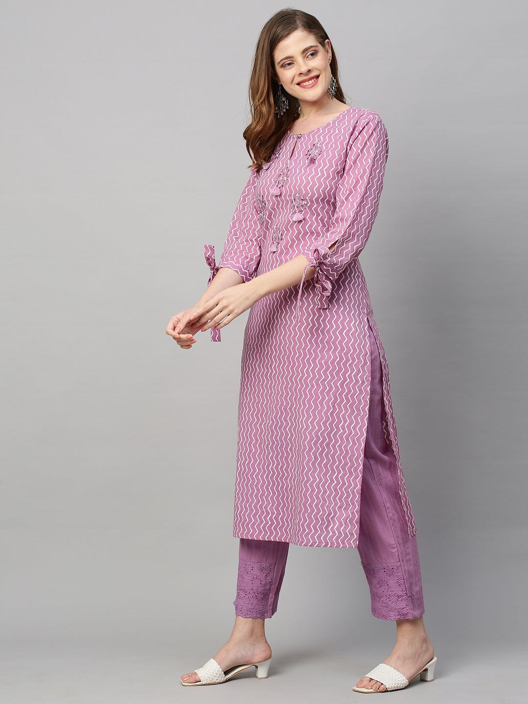 Ethnic Printed & Embroidered Straight Fit Kurta with Pants - Purple - Indiakreations