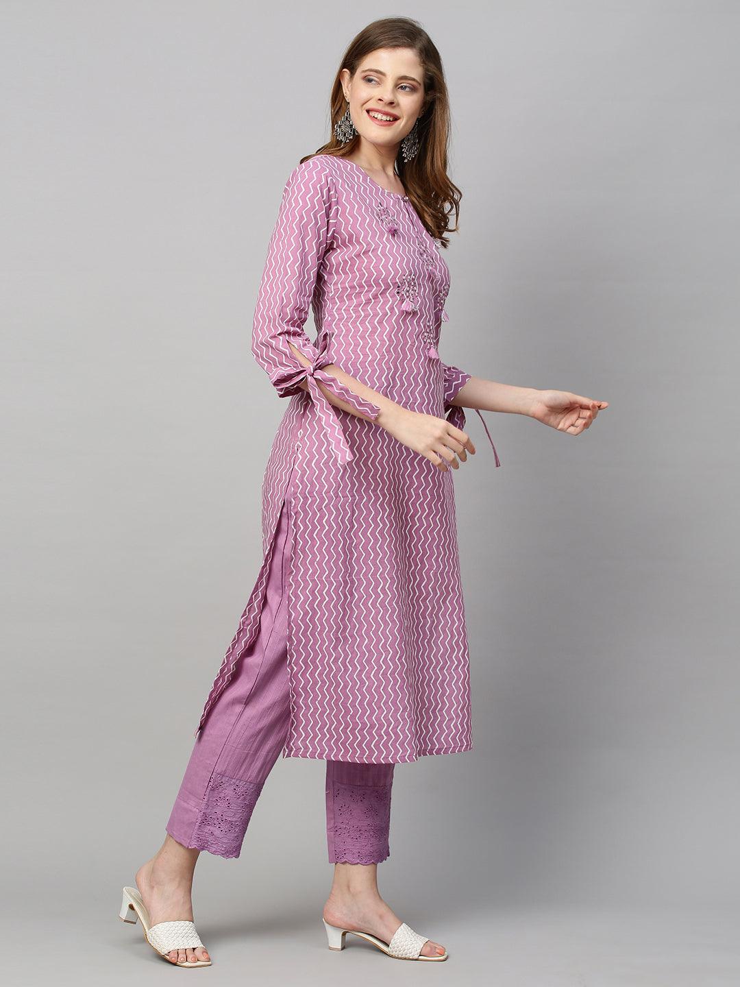 Ethnic Printed & Embroidered Straight Fit Kurta with Pants - Purple - Indiakreations