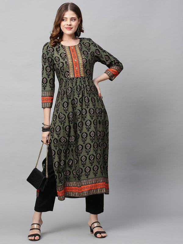 Ethnic Printed & Hand Embroidered A-Line Flare Kurta - Seaweed Green - Indiakreations