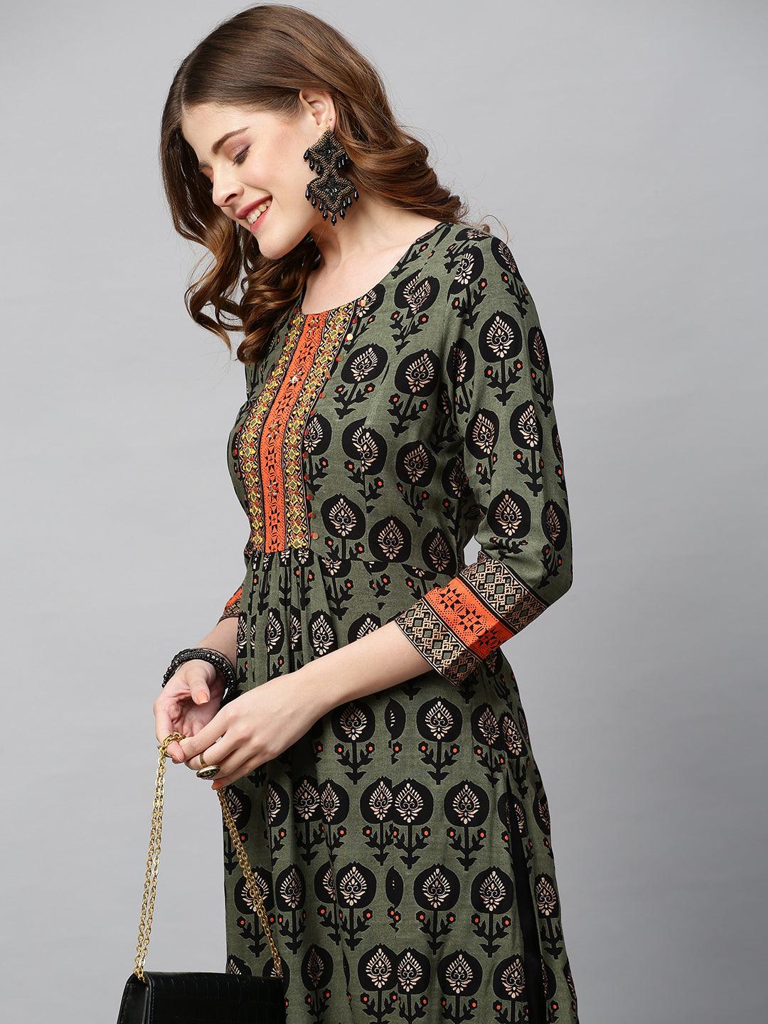 Ethnic Printed & Hand Embroidered A-Line Flare Kurta - Seaweed Green - Indiakreations