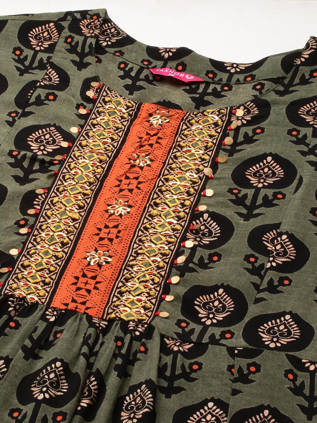 Ethnic Printed & Hand Embroidered A-Line Flare Kurta - Seaweed Green - Indiakreations