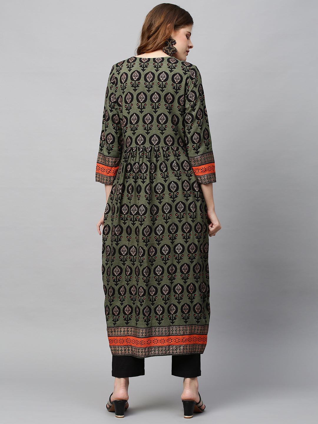 Ethnic Printed & Hand Embroidered A-Line Flare Kurta - Seaweed Green - Indiakreations