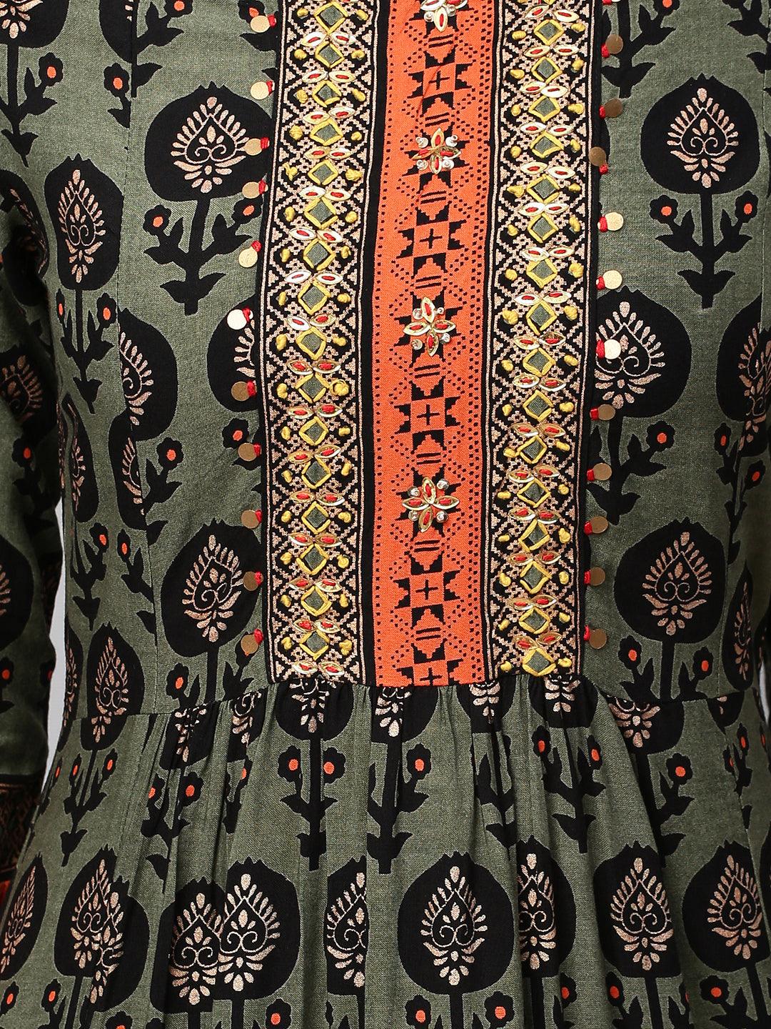 Ethnic Printed & Hand Embroidered A-Line Flare Kurta - Seaweed Green - Indiakreations