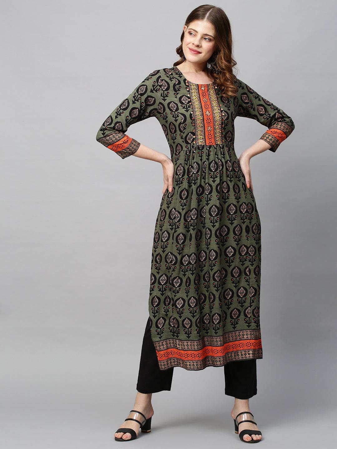 Ethnic Printed & Hand Embroidered A-Line Flare Kurta - Seaweed Green - Indiakreations