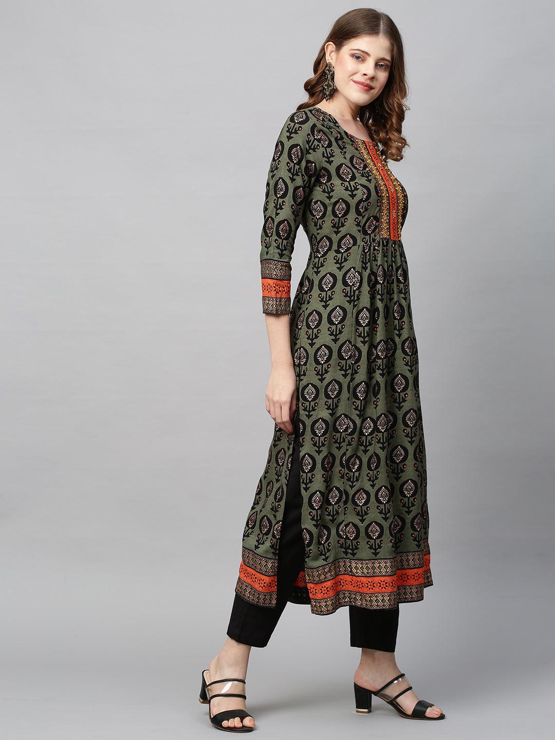 Ethnic Printed & Hand Embroidered A-Line Flare Kurta - Seaweed Green - Indiakreations