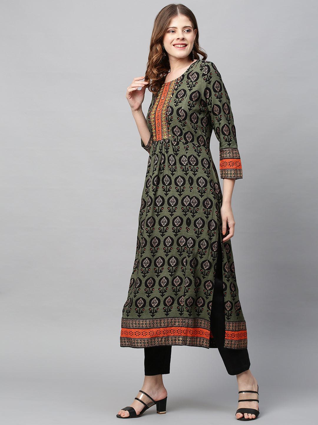 Ethnic Printed & Hand Embroidered A-Line Flare Kurta - Seaweed Green - Indiakreations