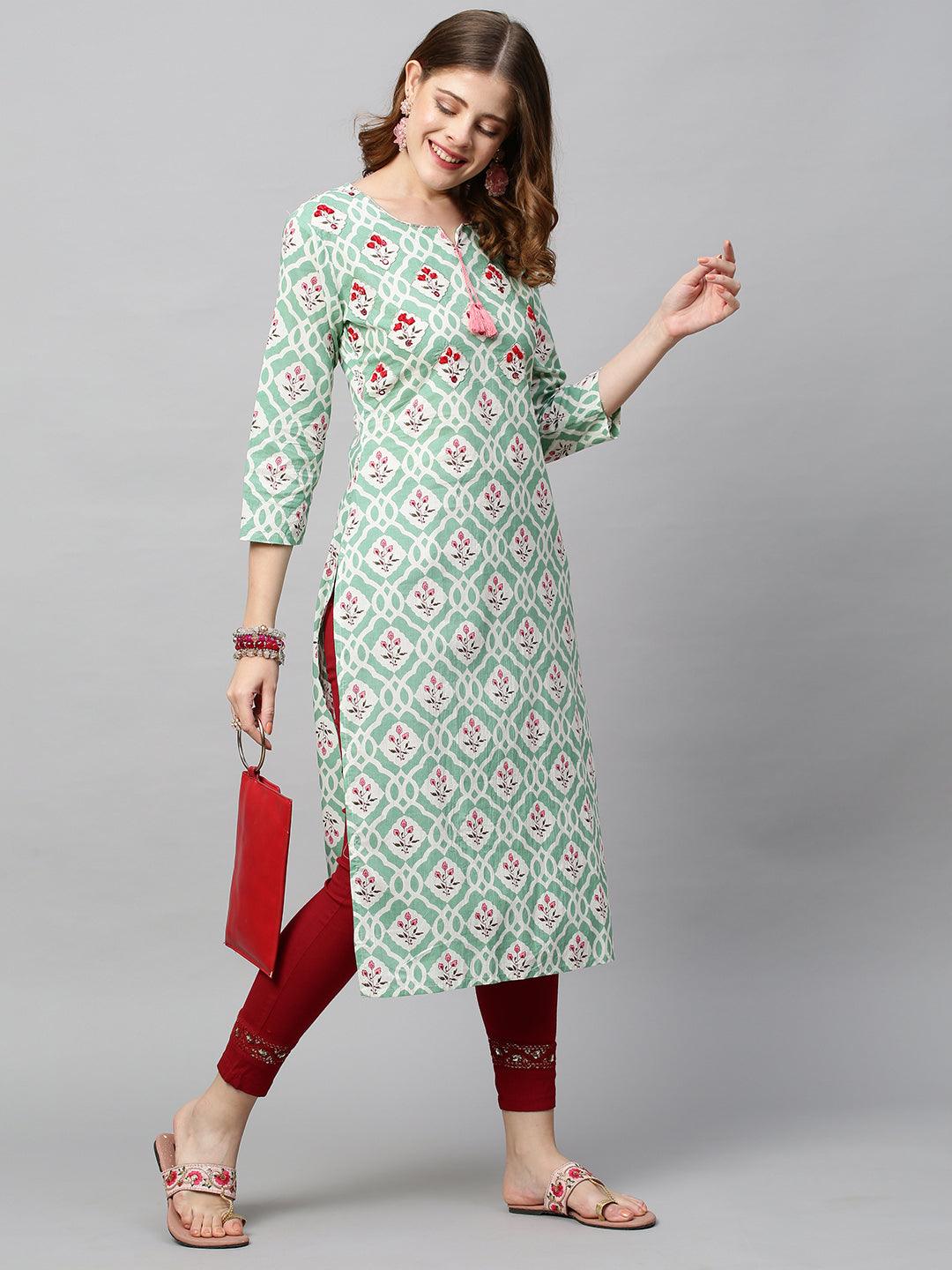 Floral Printed & Floral Embroidered Straight Fit Kurta - Pastel Green - Indiakreations