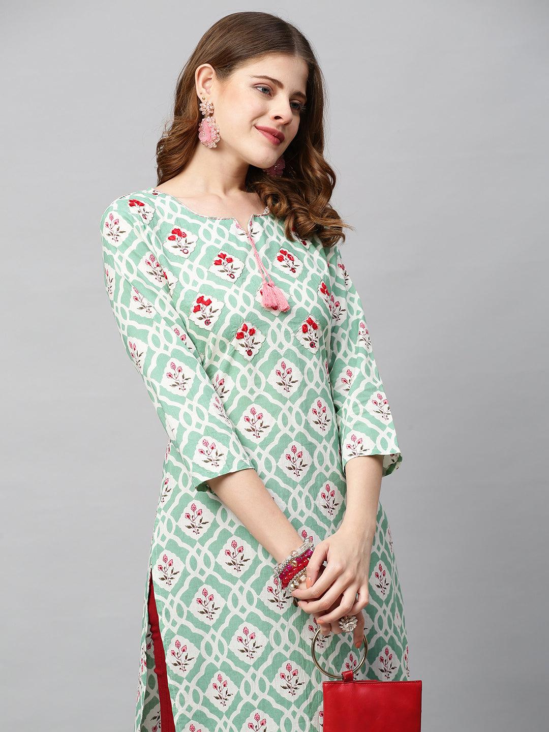 Floral Printed & Floral Embroidered Straight Fit Kurta - Pastel Green - Indiakreations