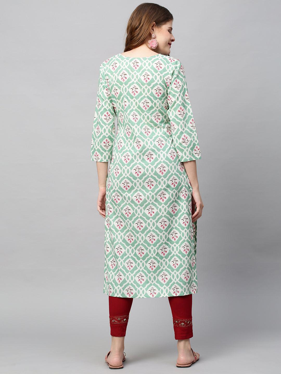 Floral Printed & Floral Embroidered Straight Fit Kurta - Pastel Green - Indiakreations