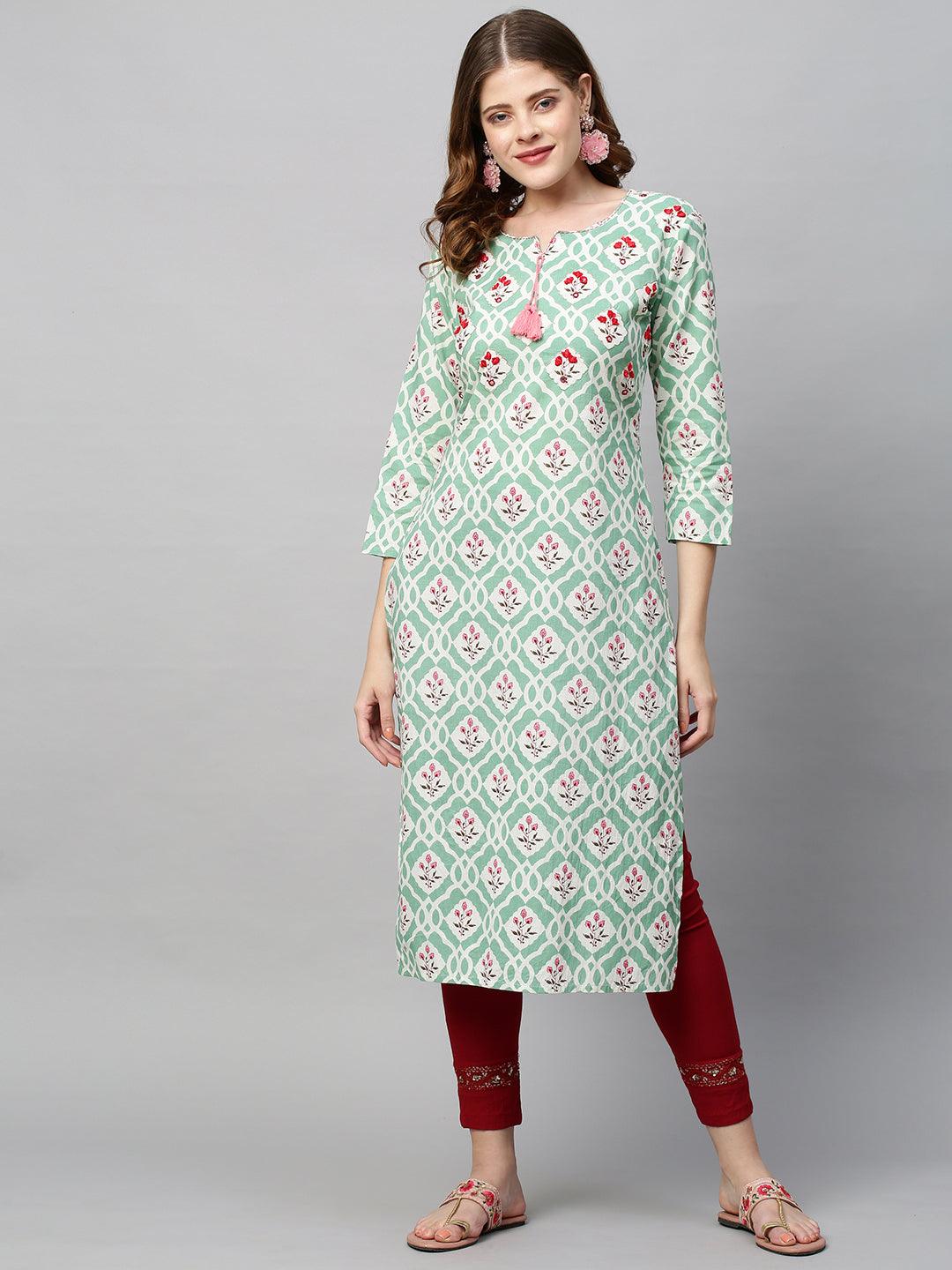 Floral Printed & Floral Embroidered Straight Fit Kurta - Pastel Green - Indiakreations