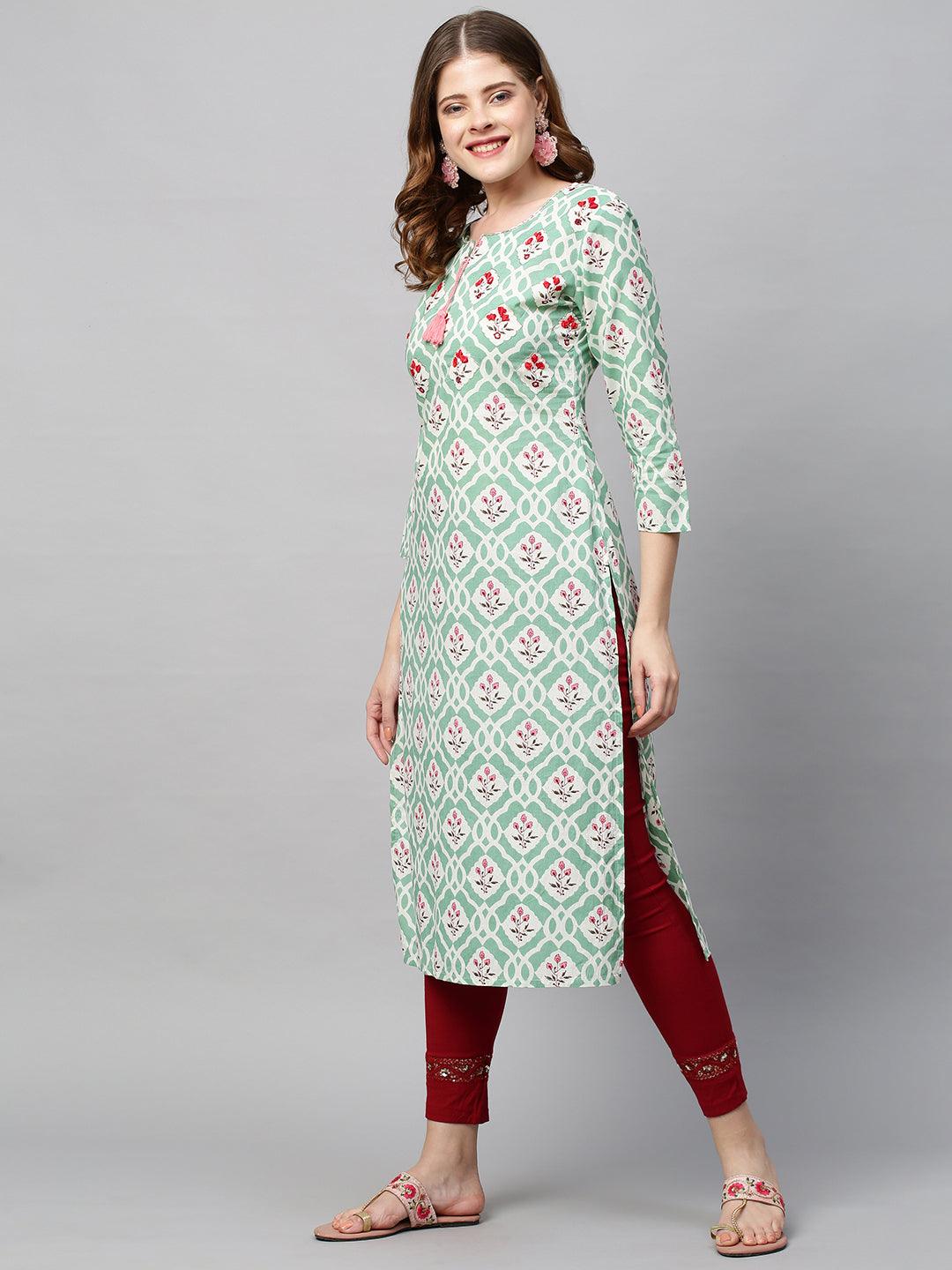 Floral Printed & Floral Embroidered Straight Fit Kurta - Pastel Green - Indiakreations