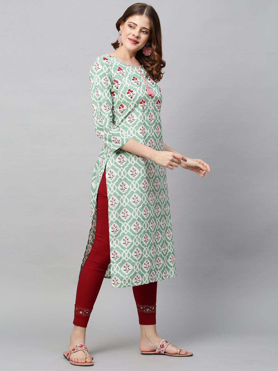 Floral Printed & Floral Embroidered Straight Fit Kurta - Pastel Green - Indiakreations