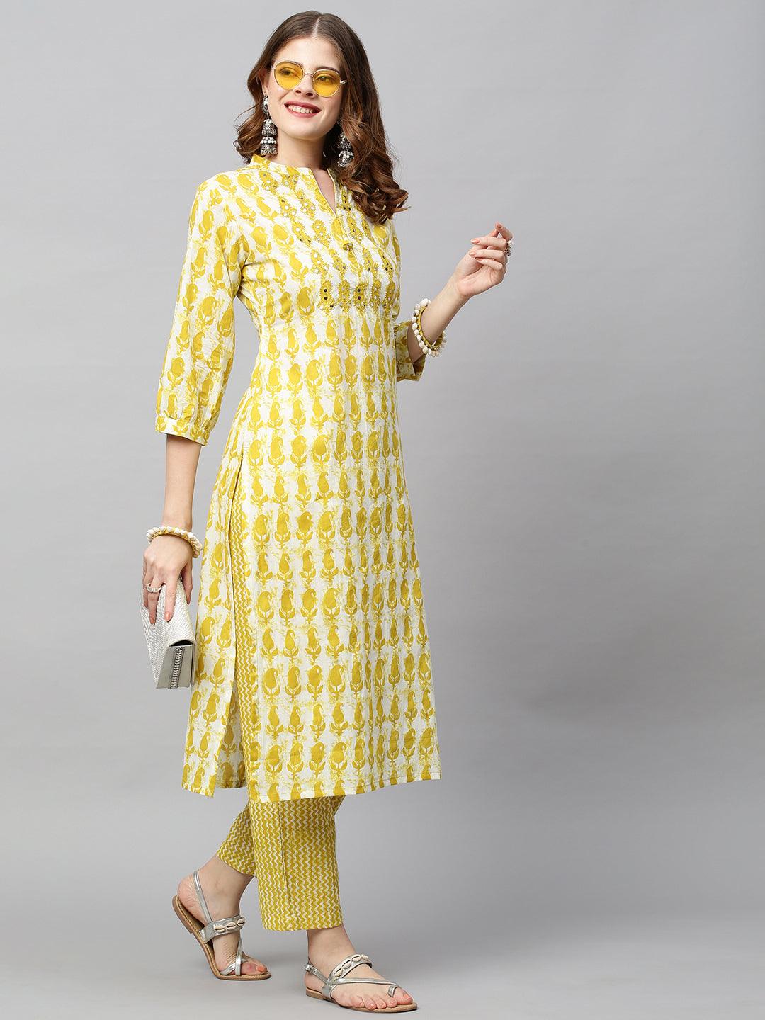 Ethnic Printed & Embroidered Straight Fit Kurta with Pants - Mustard Green - Indiakreations