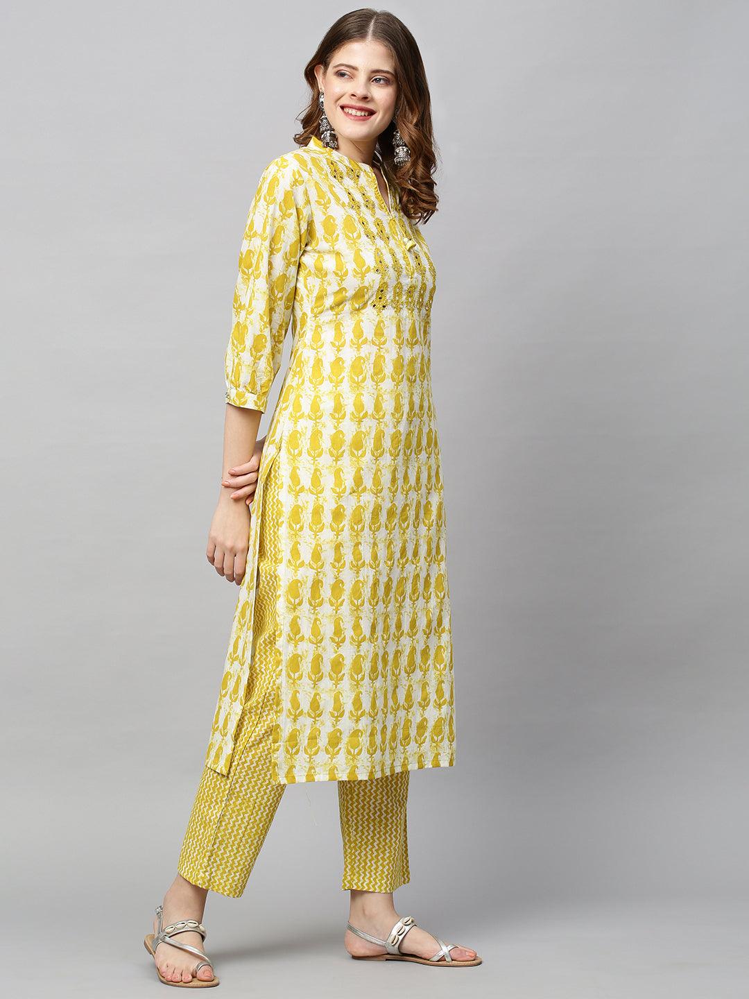 Ethnic Printed & Embroidered Straight Fit Kurta with Pants - Mustard Green - Indiakreations