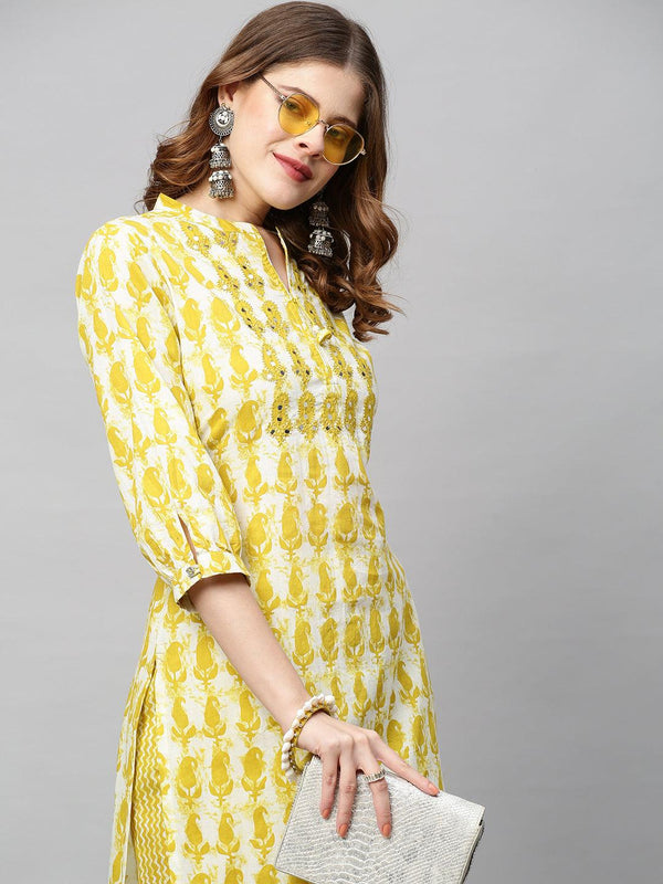 Ethnic Printed & Embroidered Straight Fit Kurta with Pants - Mustard Green - Indiakreations