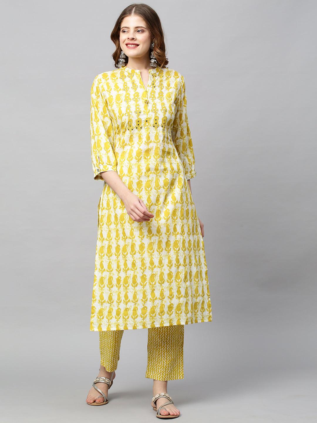 Ethnic Printed & Embroidered Straight Fit Kurta with Pants - Mustard Green - Indiakreations