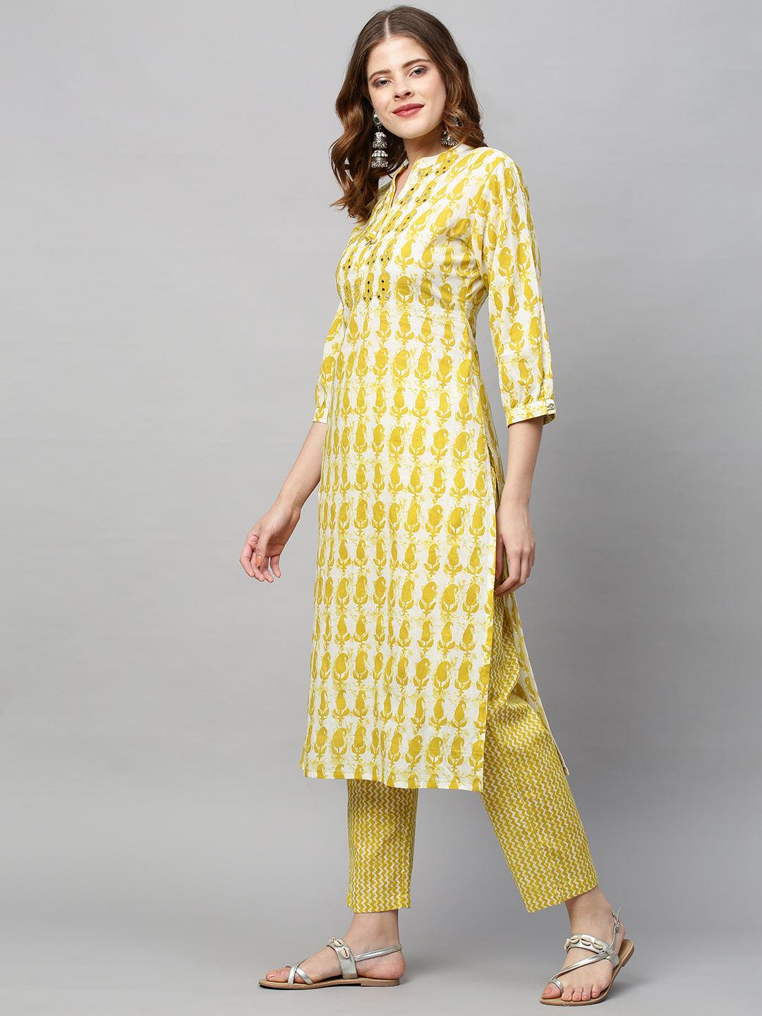 Ethnic Printed & Embroidered Straight Fit Kurta with Pants - Mustard Green - Indiakreations