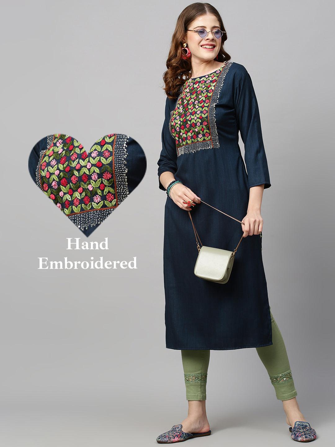 Floral Hand Embroidered Straight Fit Kurta - Navy Blue - Indiakreations