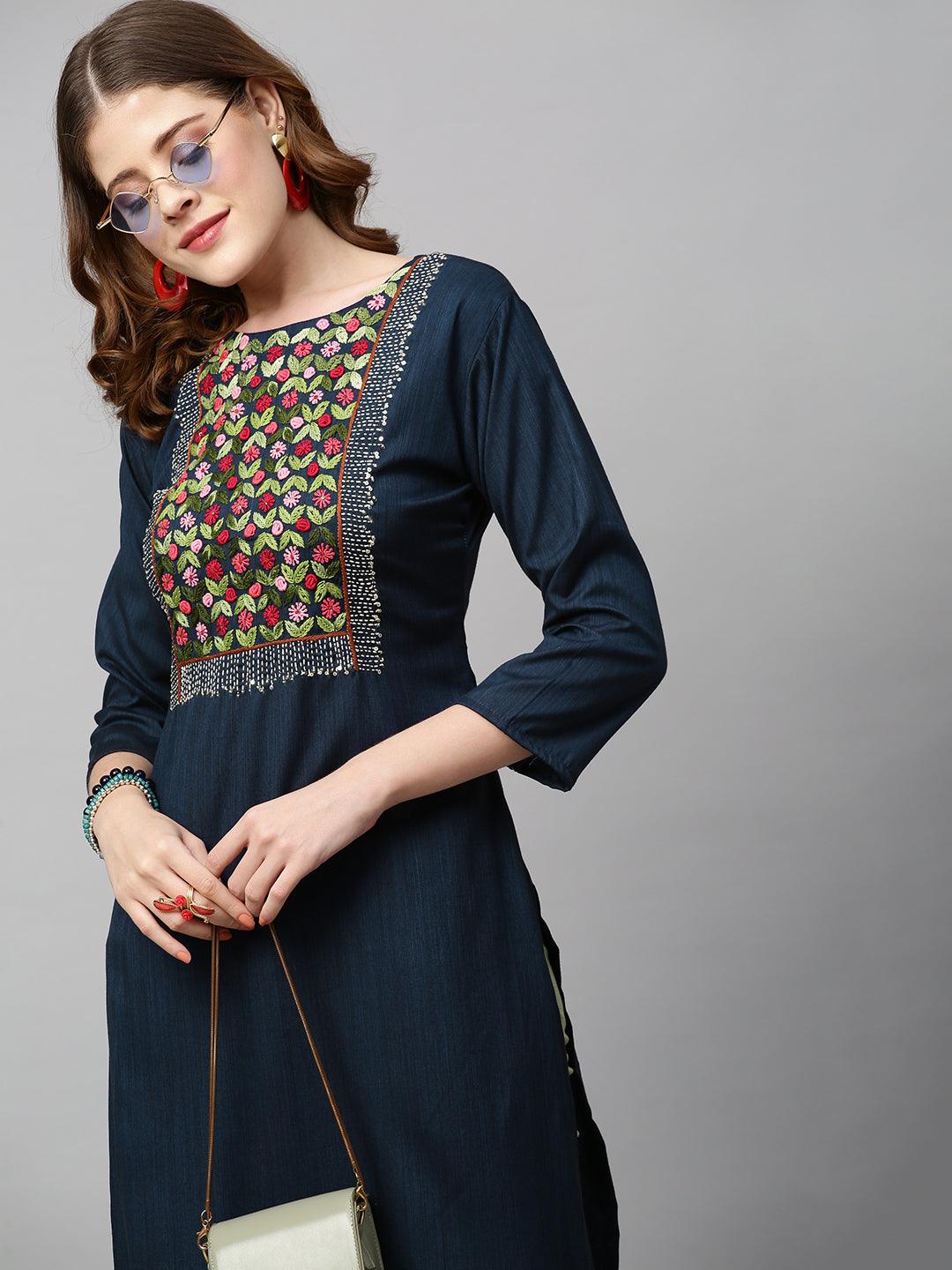 Floral Hand Embroidered Straight Fit Kurta - Navy Blue - Indiakreations