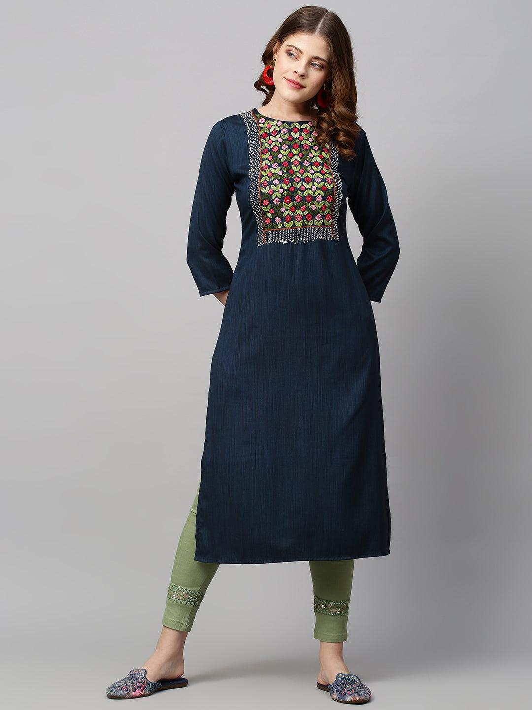 Floral Hand Embroidered Straight Fit Kurta - Navy Blue - Indiakreations