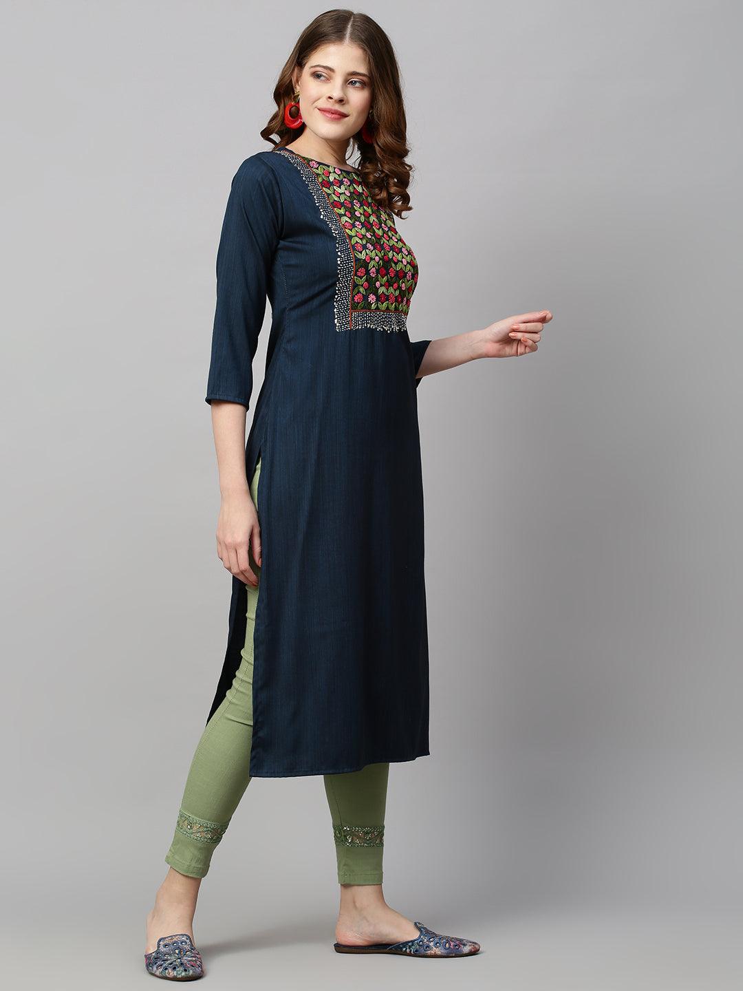 Floral Hand Embroidered Straight Fit Kurta - Navy Blue - Indiakreations