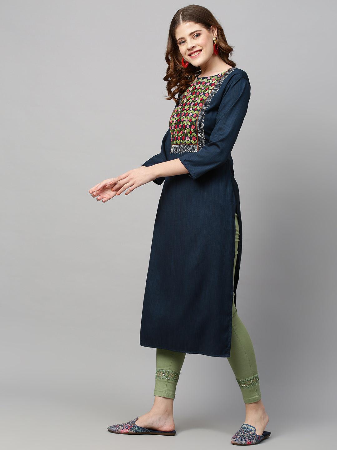 Floral Hand Embroidered Straight Fit Kurta - Navy Blue - Indiakreations