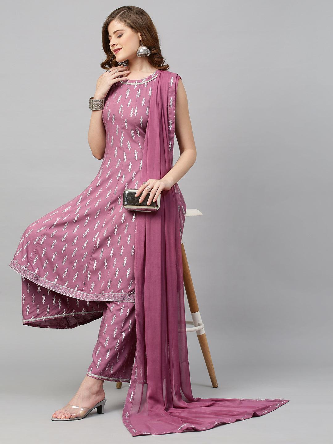 Ethnic Printed A-Line Flared Kurta with Palazzo & Dupatta - Purple Orchid - Indiakreations