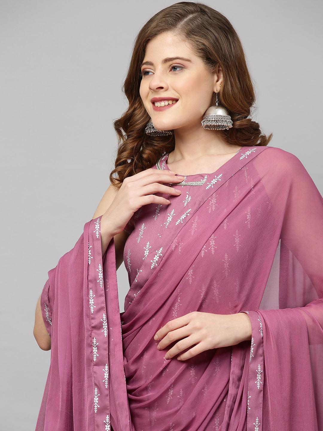 Ethnic Printed A-Line Flared Kurta with Palazzo & Dupatta - Purple Orchid - Indiakreations