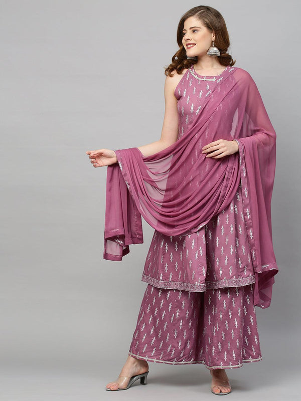 Ethnic Printed A-Line Flared Kurta with Palazzo & Dupatta - Purple Orchid - Indiakreations