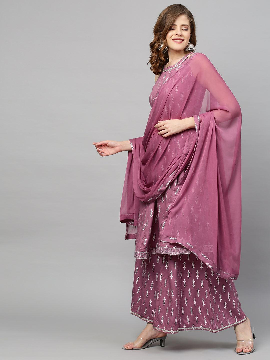 Ethnic Printed A-Line Flared Kurta with Palazzo & Dupatta - Purple Orchid - Indiakreations