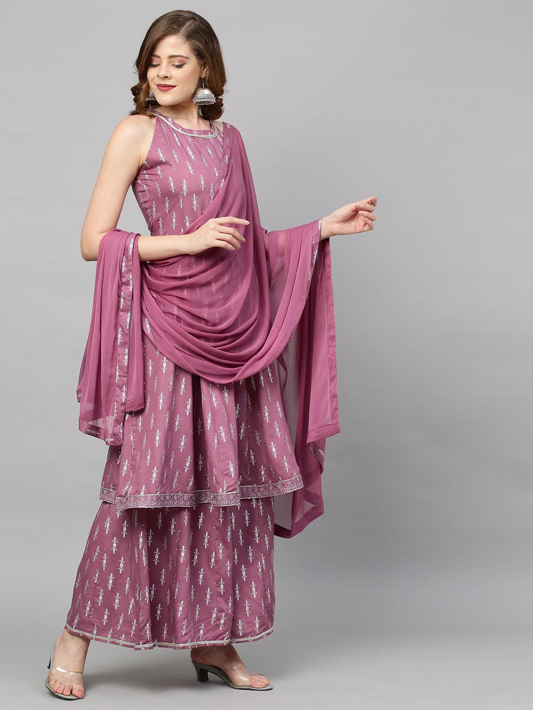 Ethnic Printed A-Line Flared Kurta with Palazzo & Dupatta - Purple Orchid - Indiakreations