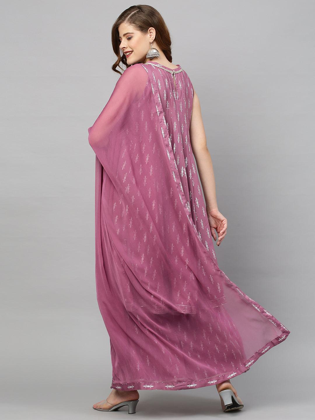 Ethnic Printed A-Line Flared Kurta with Palazzo & Dupatta - Purple Orchid - Indiakreations