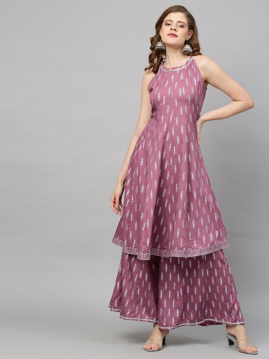 Ethnic Printed A-Line Flared Kurta with Palazzo & Dupatta - Purple Orchid - Indiakreations