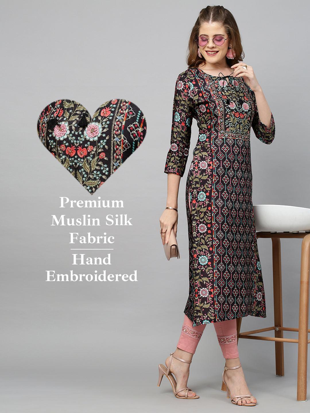 Floral Printed & Hand Embroidered Straight Fit Kurta - Black - Indiakreations