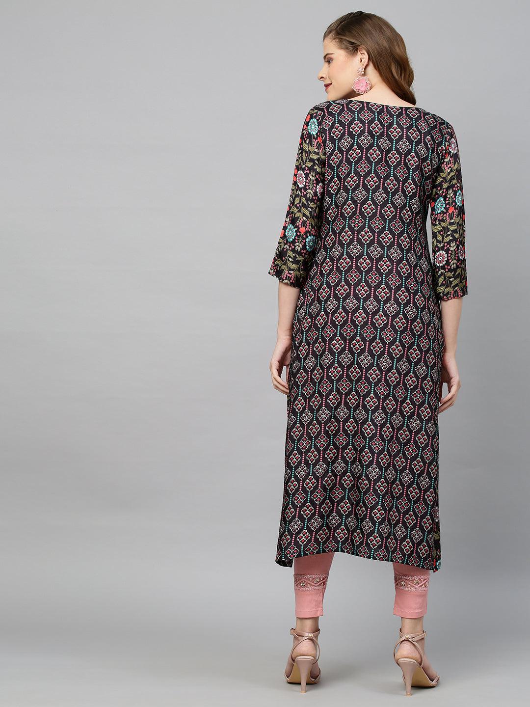 Floral Printed & Hand Embroidered Straight Fit Kurta - Black - Indiakreations