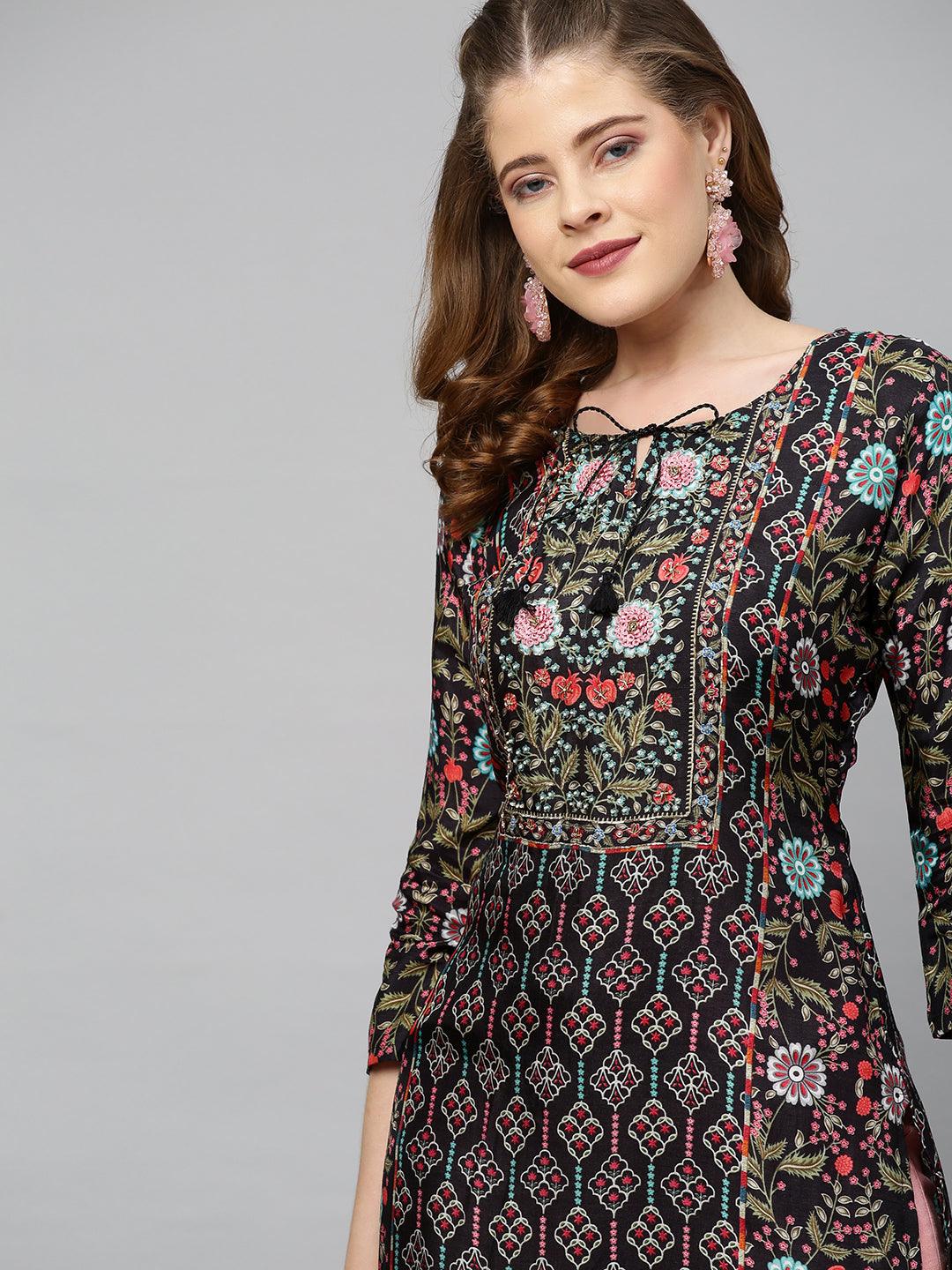 Floral Printed & Hand Embroidered Straight Fit Kurta - Black - Indiakreations