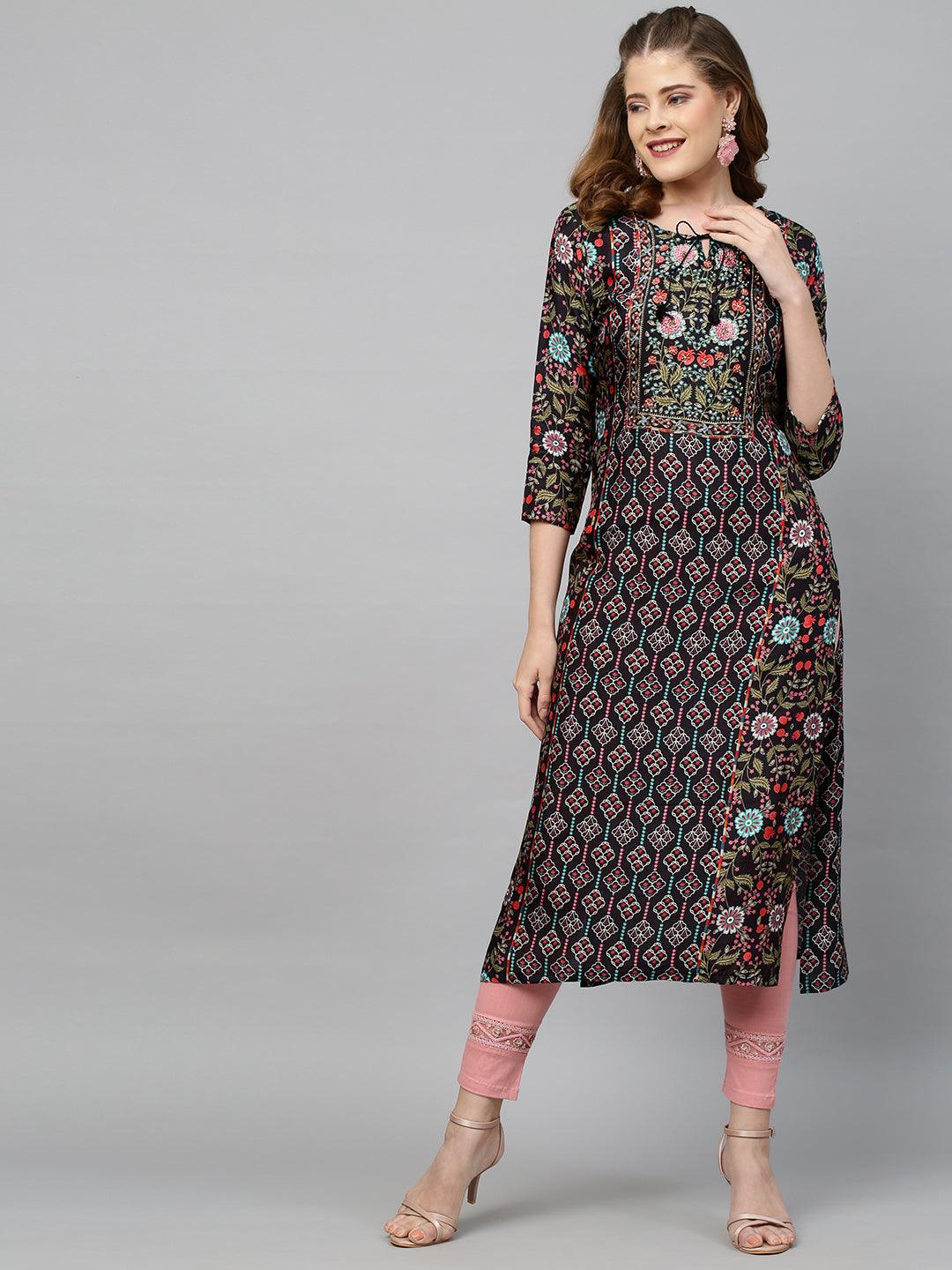 Floral Printed & Hand Embroidered Straight Fit Kurta - Black - Indiakreations