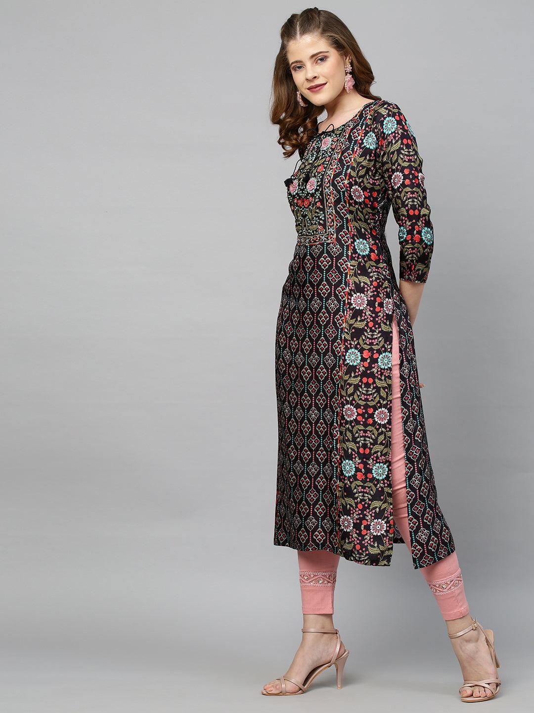 Floral Printed & Hand Embroidered Straight Fit Kurta - Black - Indiakreations