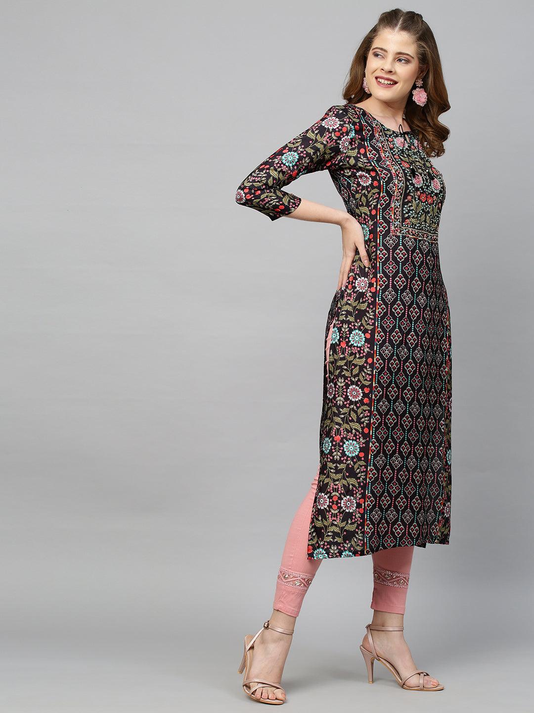 Floral Printed & Hand Embroidered Straight Fit Kurta - Black - Indiakreations