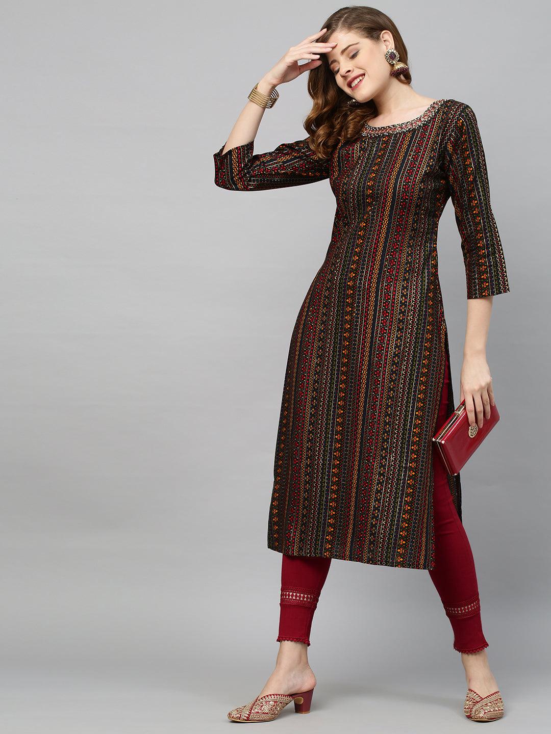 Ethnic Stripes Printed & Hand Embroidered Straight Fit Kurta - Multi - Indiakreations