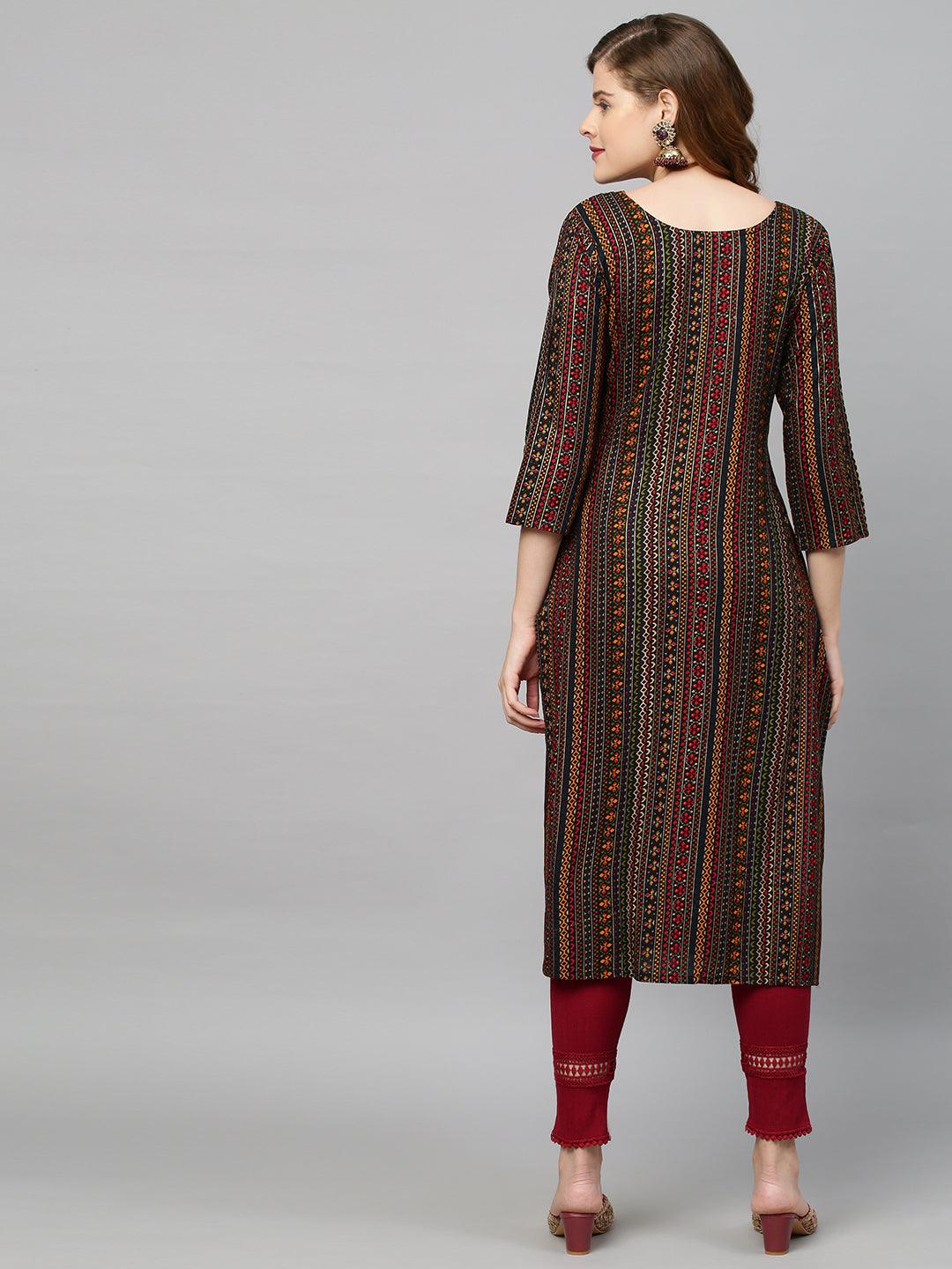 Ethnic Stripes Printed & Hand Embroidered Straight Fit Kurta - Multi - Indiakreations