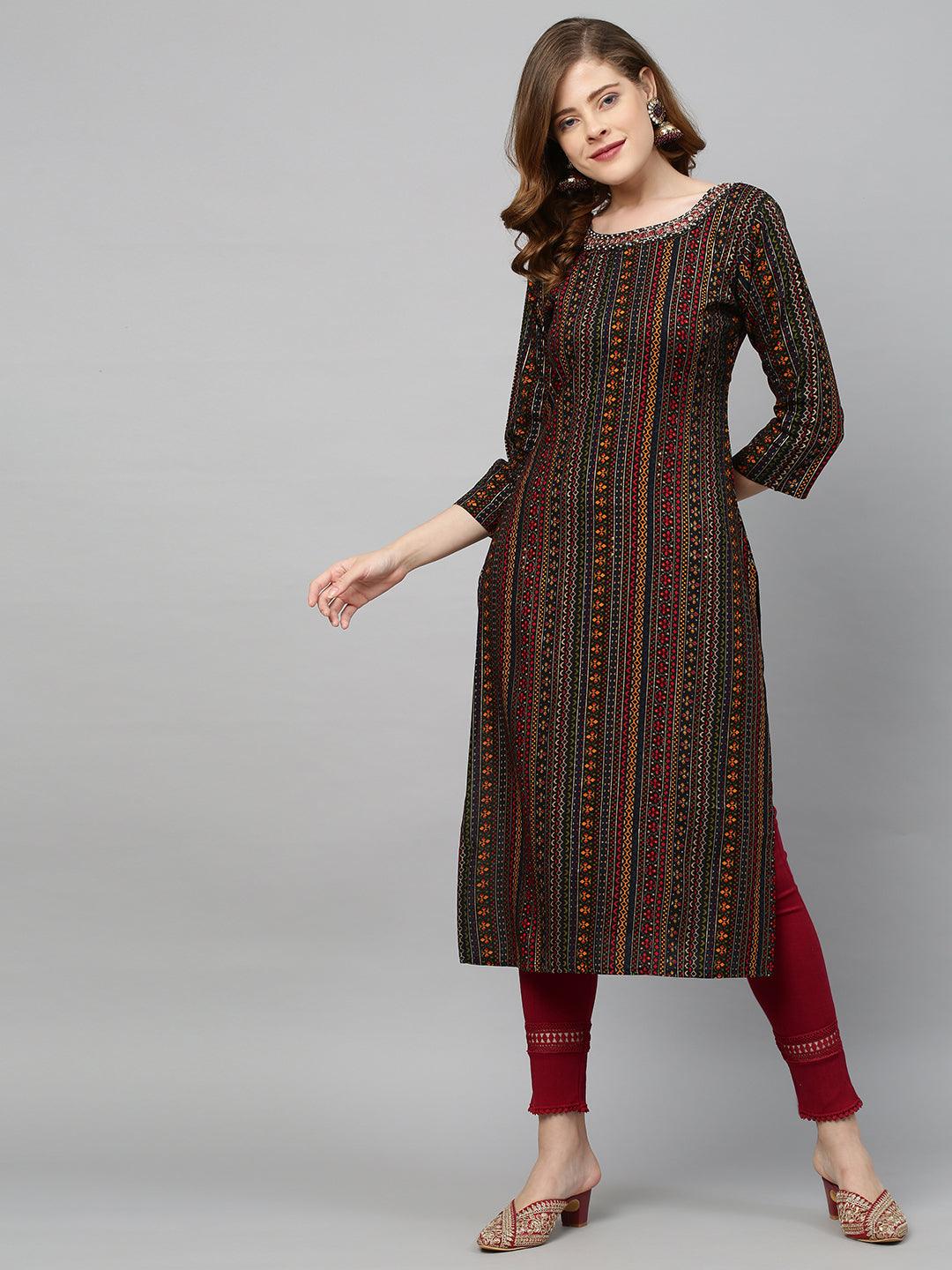 Ethnic Stripes Printed & Hand Embroidered Straight Fit Kurta - Multi - Indiakreations