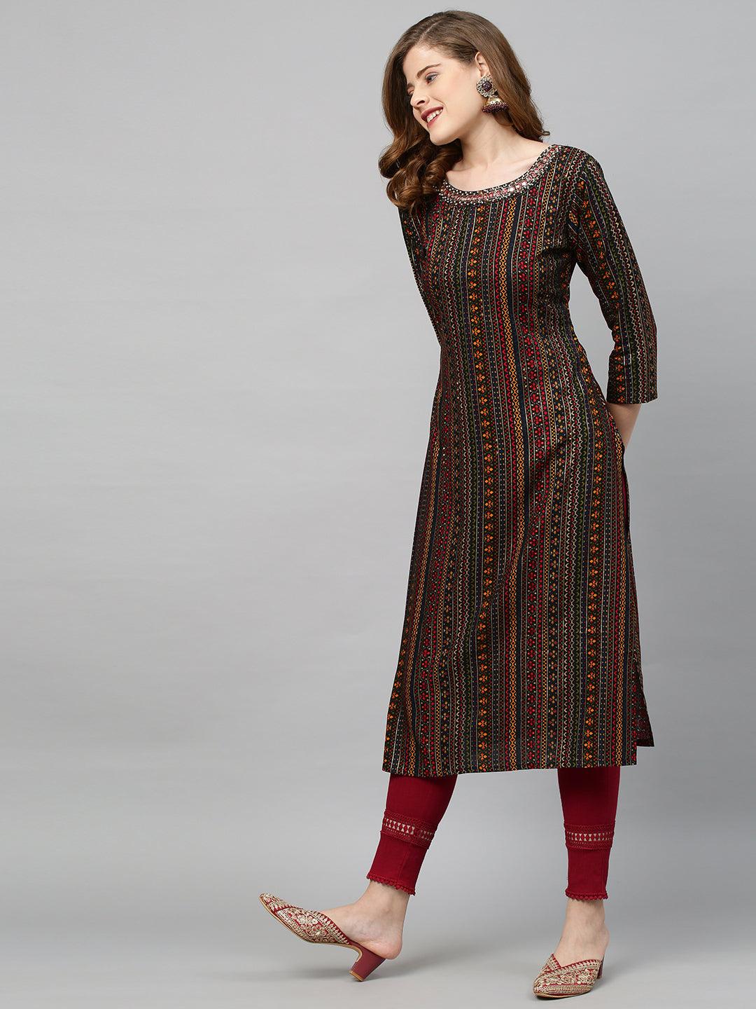 Ethnic Stripes Printed & Hand Embroidered Straight Fit Kurta - Multi - Indiakreations