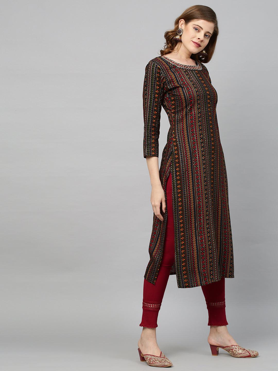 Ethnic Stripes Printed & Hand Embroidered Straight Fit Kurta - Multi - Indiakreations