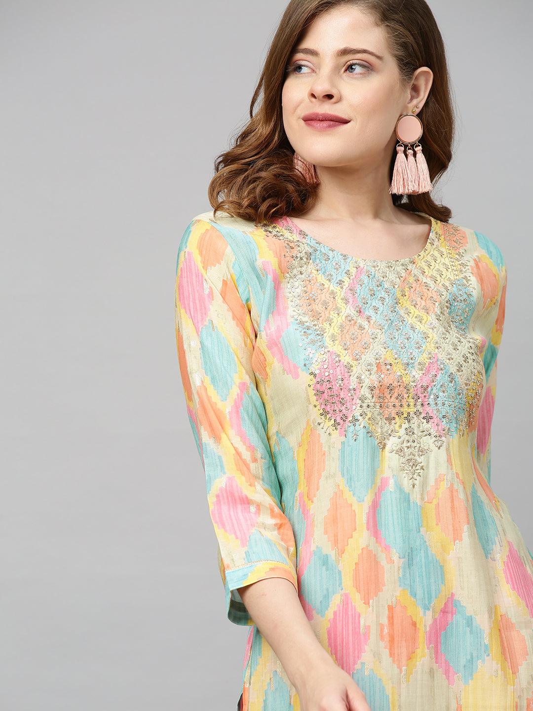 Ethnic Printed & Sequin Embroidered Straight Fit Kurta - Multi - Indiakreations