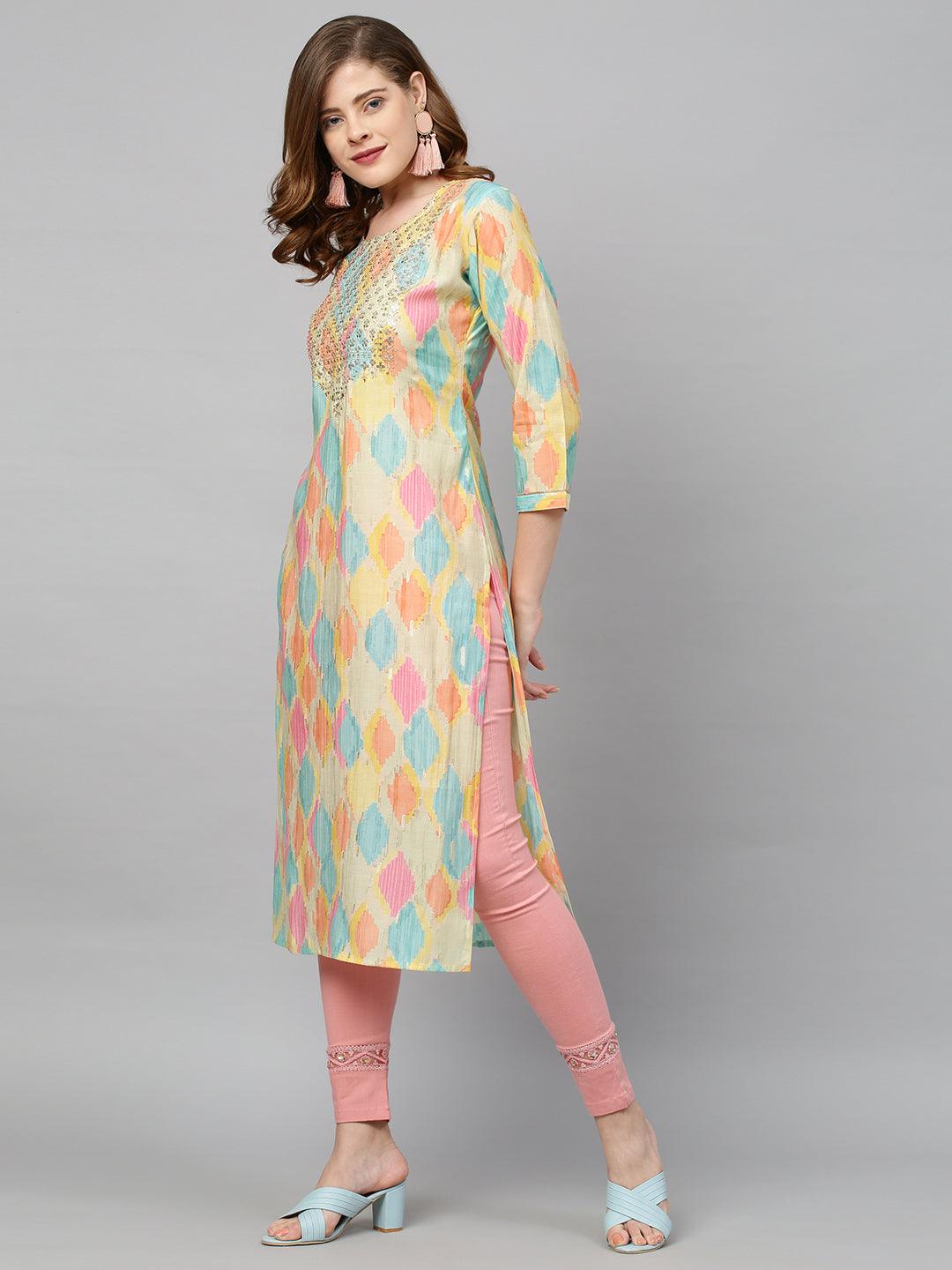 Ethnic Printed & Sequin Embroidered Straight Fit Kurta - Multi - Indiakreations