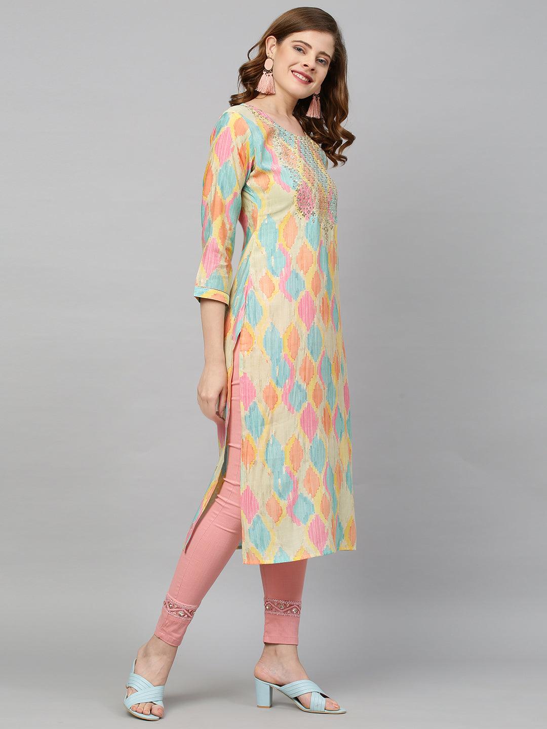 Ethnic Printed & Sequin Embroidered Straight Fit Kurta - Multi - Indiakreations