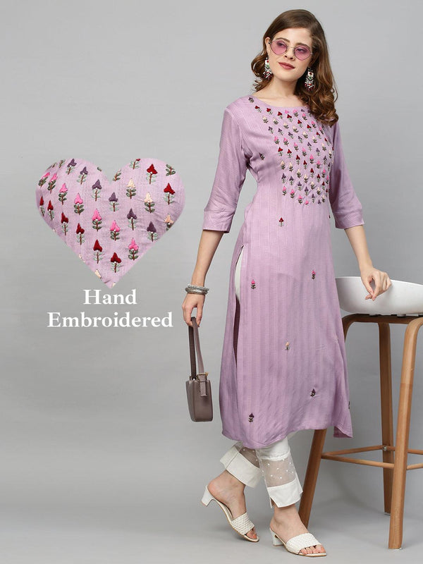 Ethnic Hand Embroidered & Woven Texture Straight Fit Kurta - Lilac - Indiakreations